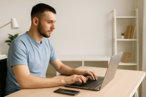 Focused home workspace for successful remote mindset