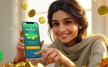 Pakistani woman using phone, BuzzBreak app on screen, earn money online, digital coins flying
