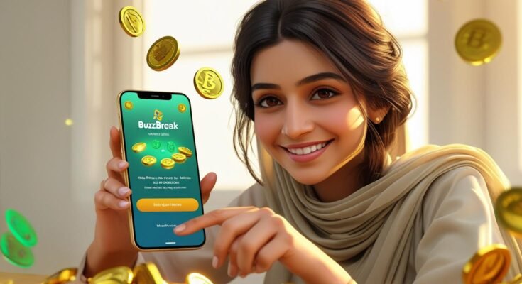 Pakistani woman using phone, BuzzBreak app on screen, earn money online, digital coins flying